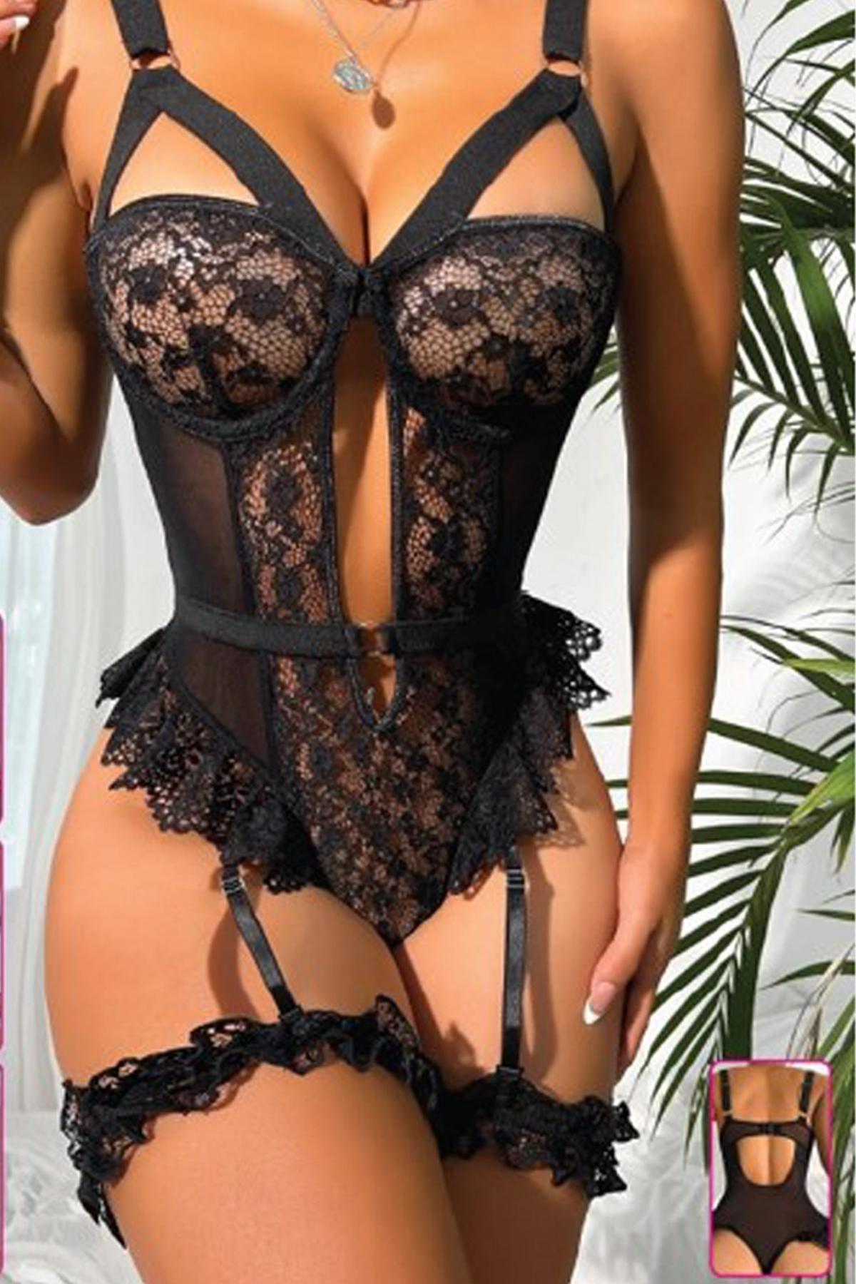 Güpür Dantelli Balensiz Jartiyerli Bodysuit Babydoll 8450