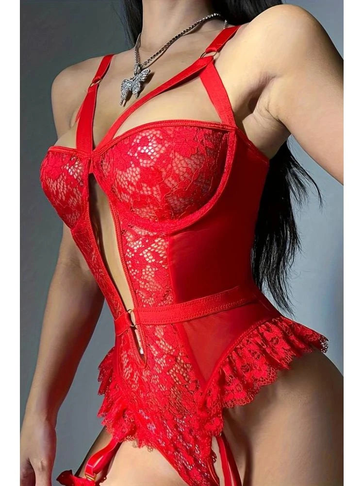 Güpür Dantelli Balensiz Jartiyerli Bodysuit Babydoll 8450
