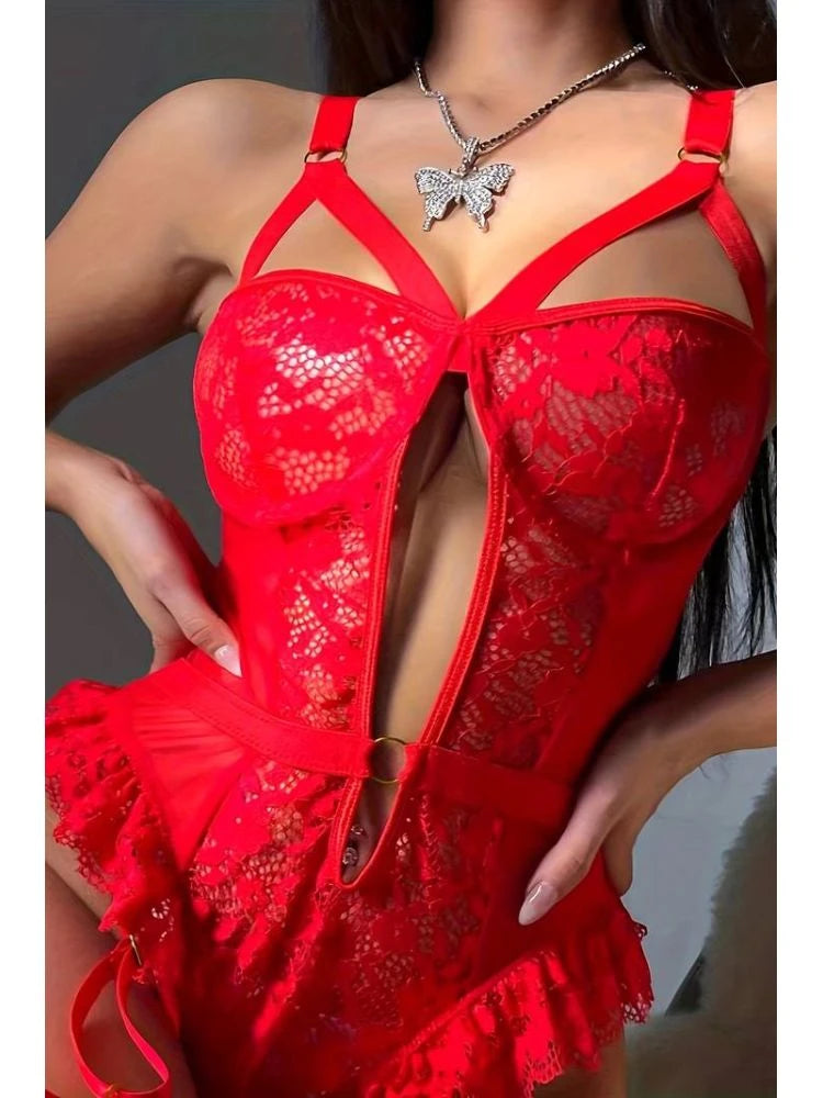 Güpür Dantelli Balensiz Jartiyerli Bodysuit Babydoll 8450