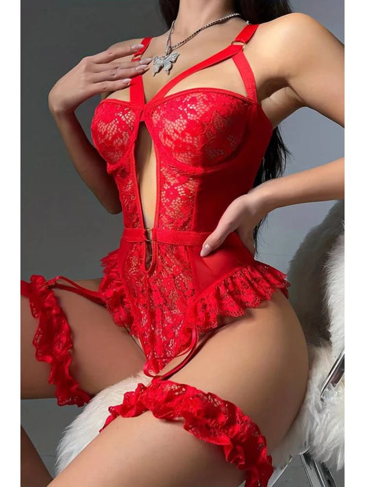 Güpür Dantelli Balensiz Jartiyerli Bodysuit Babydoll 8450