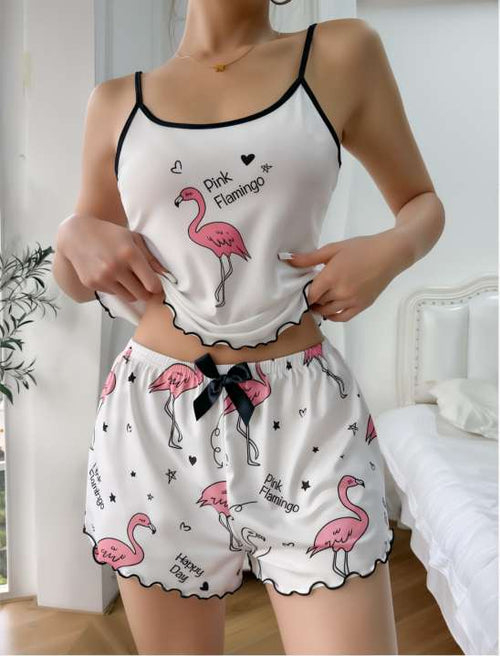 RR PEMBE FLAMİNGO BEYAZ ŞORT VE İP ASKILI 2'Lİ TAKIM S15