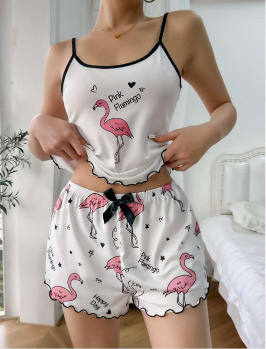 RR PEMBE FLAMİNGO BEYAZ ŞORT VE İP ASKILI 2'Lİ TAKIM S15